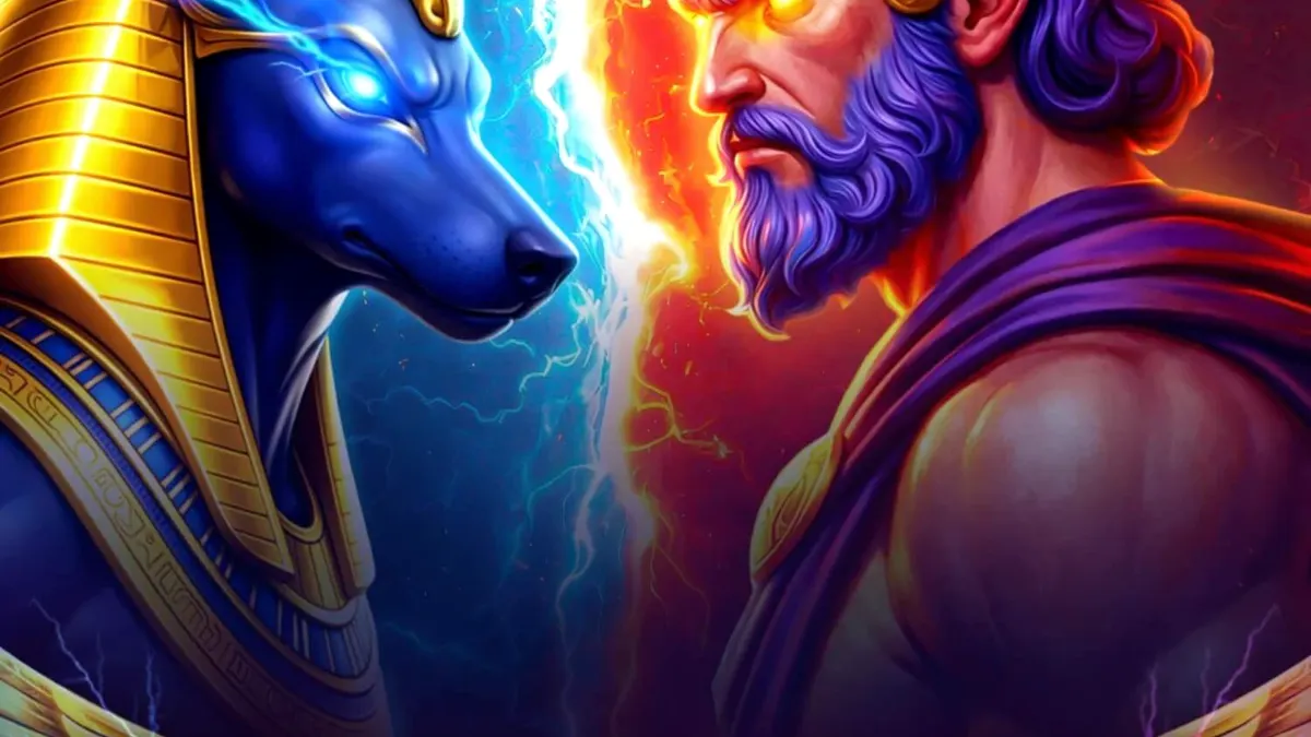 Interface do jogo Clash of Gods: Anubis vs Hades com símbolos de divindades